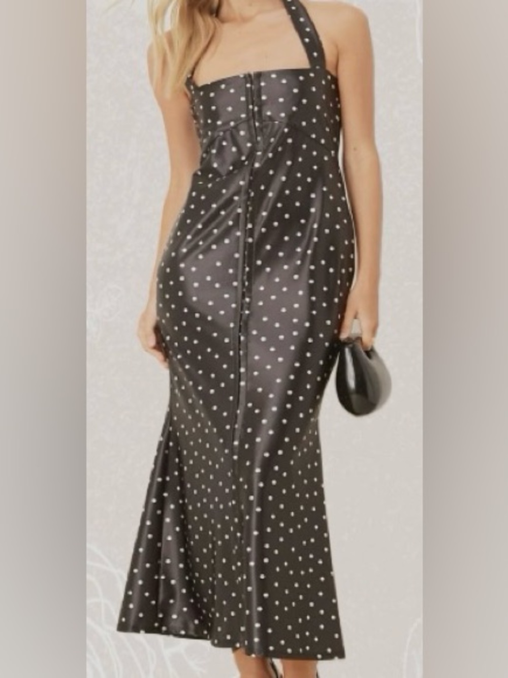 ASOS DESIGN stretch satin halter midi dress in black/white polka dot - Size 8